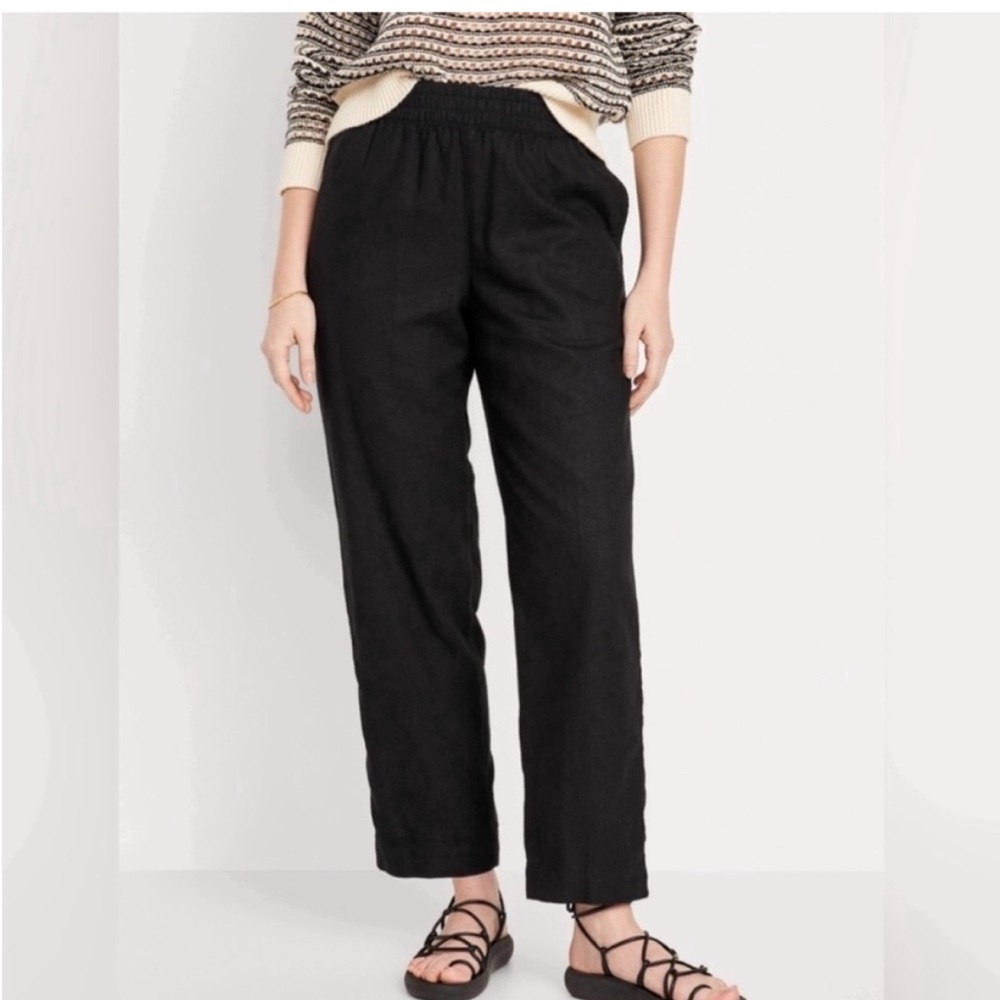NWT OLD NAVY High Waisted Linen Blend Straight Ankle Pants, LP, Black, Comfy ❤️